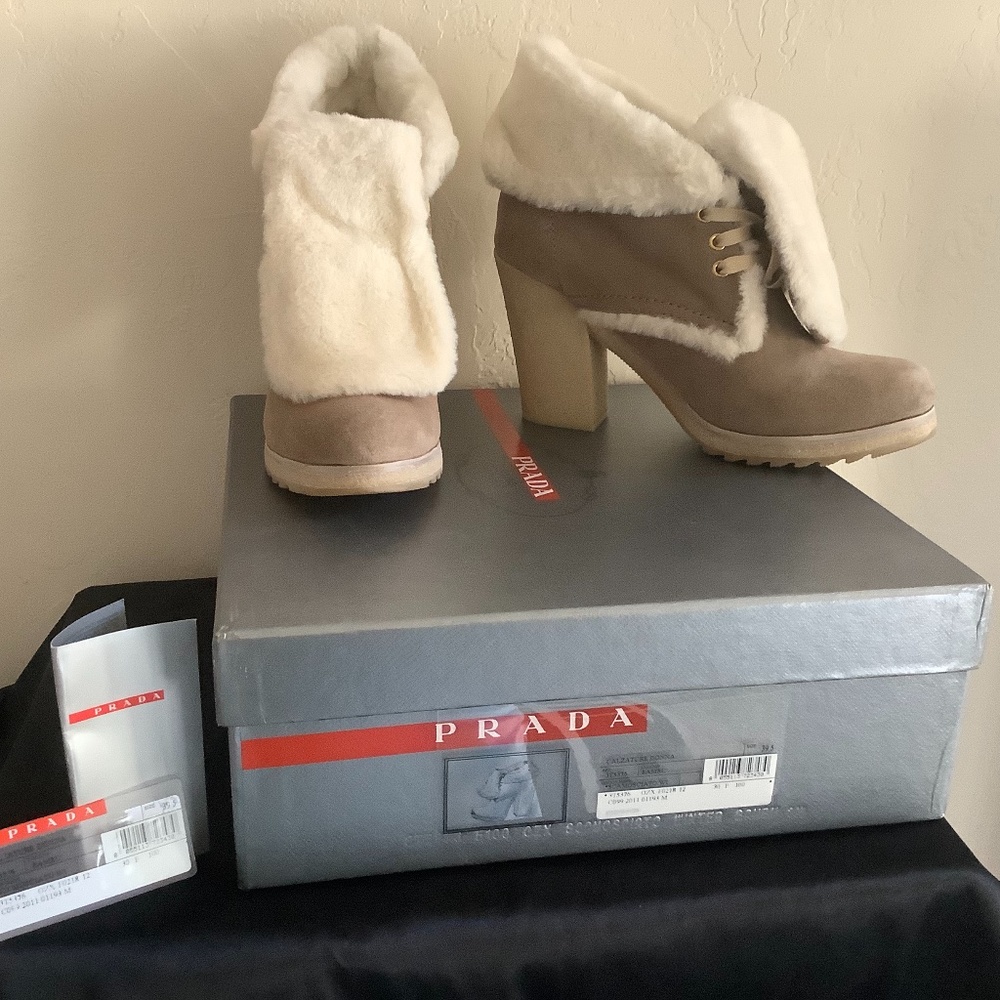 Prada Bambu Suede/Fur Trim Boot Sz 39.5